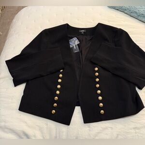 Express Women’s Cropped Open Novelty Black Blazer With Gold Buttons Size L NWT